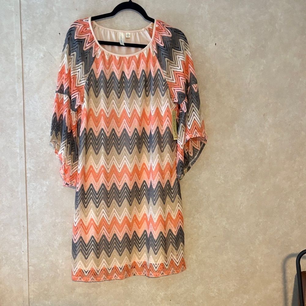 Tacera Chevron Long Sleeve Dress - Orange, Gray, Cream